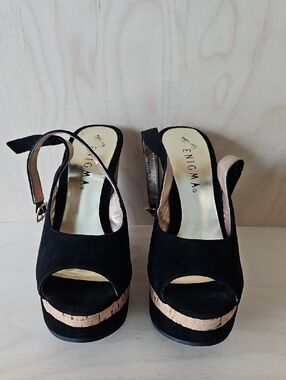 Enigma Black Suede Platform Slingback Heels